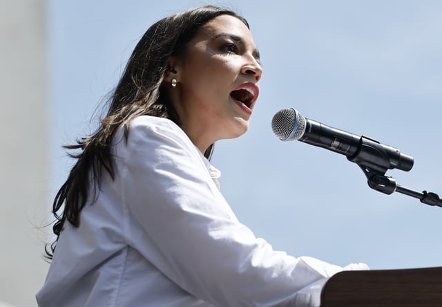 Representative Alexandria Ocasio-Cortez (D-NY) can be seen speaking during a stop on the ‘Fighting Oligarchy’ tour with U.S. Sen. Bernie Sanders (I-VT) at Grand Park on April 12, 2025, in Los Angeles, California. (Photo by Mario Tama/Getty Images)