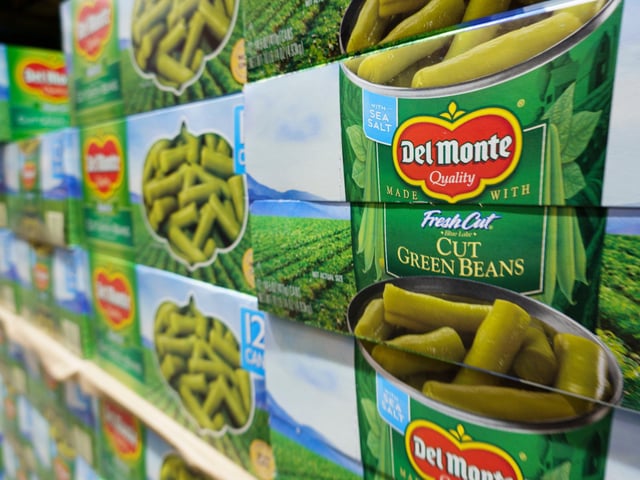SAN DIEGO, CALIFORNIA - APRIL 4: Packages of Del Monte canned green beans are stacked at a Costco Wholesale store on April 4, 2025 in San Diego, California. (Photo by Kevin Carter/Getty Images)