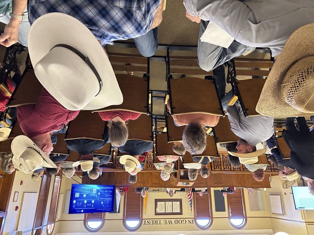 Tensions run high over management of federal public lands and wildlife at a Luna County Commission meeting in Deming, N.M., on June 12, 2025. (AP Photo/Morgan Lee)
