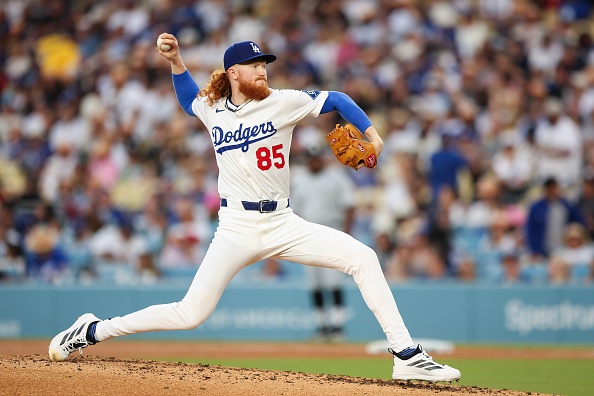 LOS ANGELES, CALIFORNIA – JULY 03: Dustin May #85 of the Los Angeles Dodgers pitches in the third inning against the Chicago White Sox at Dodger Stadium on July 03, 2025 in Los Angeles, California. (Photo by Meg Oliphant/Getty Images)