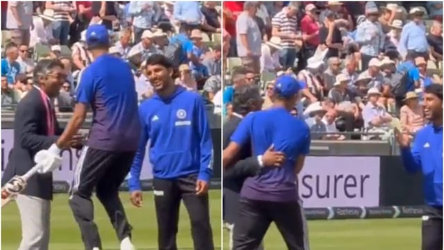 Yashasvi Jaiswal meets Kumar Sangakkara during the Edgbaston Test