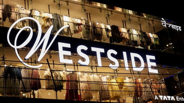 Logo of the Indian fashion retailer Trent's flagship brand Westside is displayed in front of their showroom in New Delhi, India.