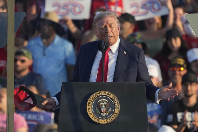 President Donald Trump speaks at a rally at the Iowa State Fairgrounds, Thursday, July 3, 2025, in Des Moines, Iowa.