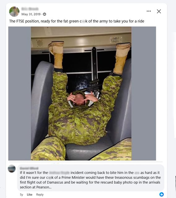  A DND official characterized the Facebook group as featuring “abhorrent racist, misogynistic, homophobic, and antisemitic comments and images.” (Facebook/Blue Hackle Mafia)