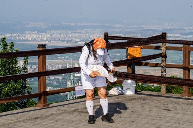 A woman fans herself to remove lovebugs or Plecia nearctica at Mount Gyeyang summit in Incheon on July 3, 2025.