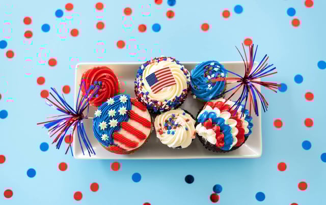 Red white and blue cupcakes decorated for the fourth of July.