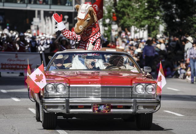 Calgary Stampede mascot Harry the Horse leads off the  Calgary Stampede parade in Calgary, Friday, July 5, 2024. THE CANADIAN PRESS/Jeff McIntosh