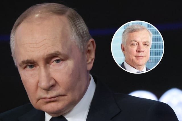 Main, Russian President Vladimir Putin reacts during the New Ideas For New Times Forum at the Russia National Center, July 3, 2025, in Moscow, Russia. Inset, Transneft Vice President Andrei Badalov.