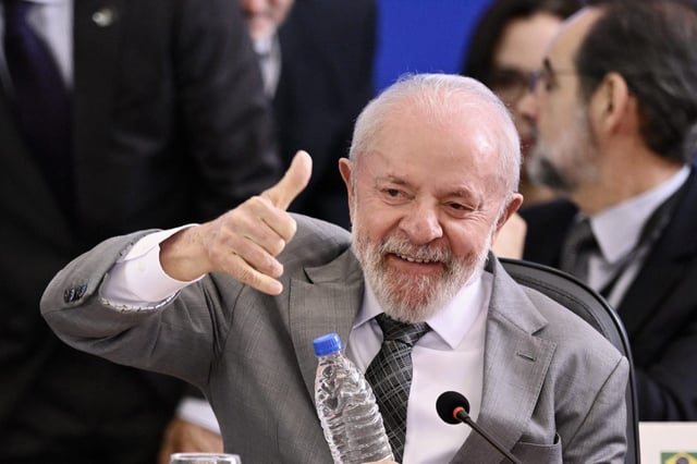 Brazil&#39;s President Luiz Inacio Lula da Silva gestures during the 1st BRICS Sherpas Meeting in Brasilia on February 26, 2025.