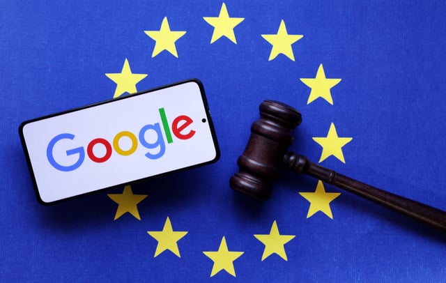 Google logo, EU flag and Judge gavel are seen in this illustration taken, August 6, 2024. REUTERS/Dado Ruvic/Illustration/File Photo