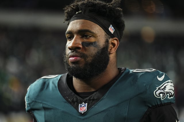 Bryce Huff #0 of the Philadelphia Eagles walks off of the field after an NFL football game against the Washington Commanders at Lincoln Financial Field on November 14, 2024 in Philadelphia, Pennsylvania.