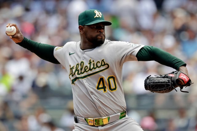 Athletics pitcher Luis Severino throws during the first inning of a baseball game against the New York Yankees, Sunday, June 29, 2025, in New York. (AP Photo/Adam Hunger)