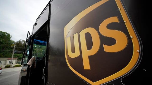 The UPS logo is displayed on the side of a delivery truck in Mount Lebanon, Pa., Sept. 21, 2021. 