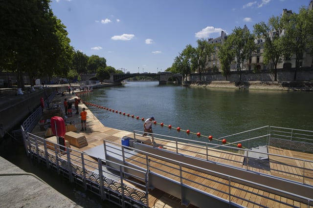 A view of one of the three Seine swimming pools, Thursday, July 3, 2025 which will open during the 'Paris Plages' event from July 5 to Aug. 31 in Paris. (AP Photo/Aurelien Morissard)