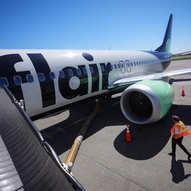 A Flair Airlines Boeing 737 MAX 8 aircraft at Vancouver International Airport on April 17, 2024. The counterclaim for damages by the four Irish leasing companies is made in their statement of defence of an earlier lawsuit launched by Flair.