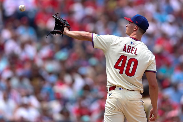 Jul 2, 2025; Philadelphia, Pennsylvania, USA; Philadelphia Phillies pitcher Mick Abel (40) catches a ball before throwing a pitch during the second inning against the San Diego Padres at Citizens Bank Park. Mandatory Credit: Bill Streicher-Imagn Images/File Photo