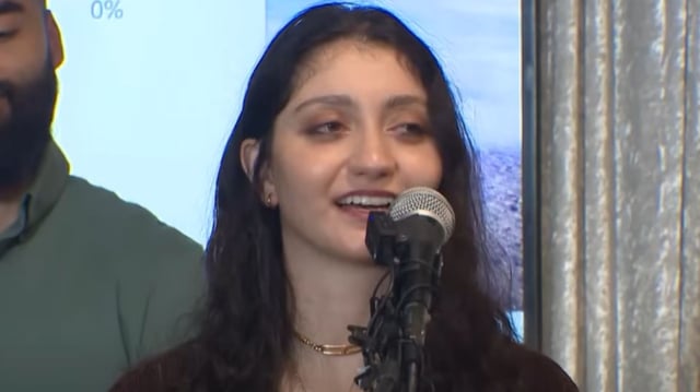 Ward Sakeik speaking at a press conference with her husband Taahir Shaikh, after she was released from ICE detention on July 1.