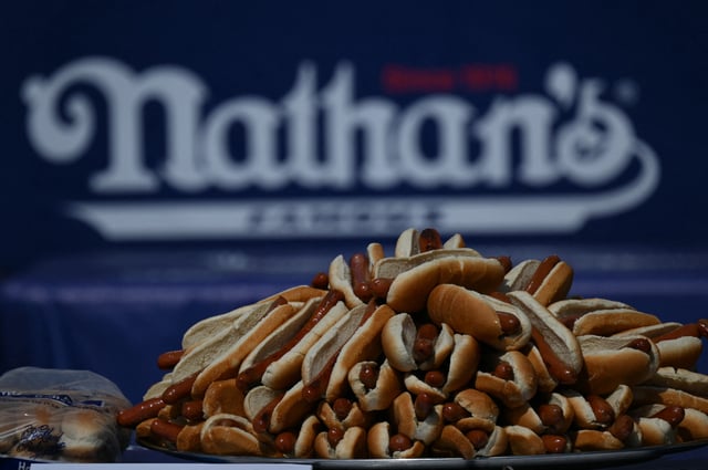 Hot dogs are ready for the 2025 Nathan&#39;s Famous Fourth of July hot dog eating competition at Coney Island in the Brooklyn borough of New York on July 4, 2025.