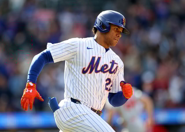 Juan Soto #22 of the New York Mets hits a 2-RBI double in the eighth inning against the St. Louis Cardinals at Citi Field on April 20, 2025, in the Flushing neighborhood of the Queens borough of New York City. The New York Mets defeated the St. Louis Cardinals 7-4.