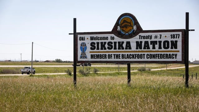 A sign greets people on the Siksika First Nation, east of Calgary near Gliechen, Alberta. 