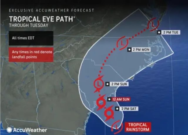 An image created by AccuWeather shows the possible path for Tropical Storm Chantal once it forms.