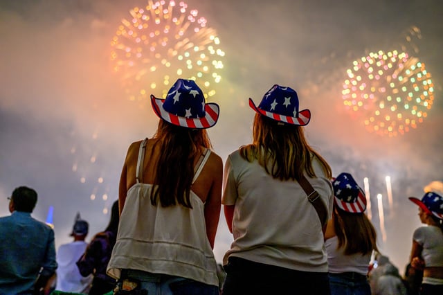 Spectators watch the New York City Macy&#39;s fireworks display celebrating the United States&#39; 248th Independence Day on July 04, 2024, in Hoboken, New Jersey.