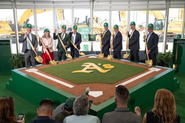 LAS VEGAS, NEVADA - JUNE 23: (L-R) Assembly Speaker Steve Yeager (D-Las Vegas), U.S. Rep. Dina Titus (D-NV), President Marc Badain of the Athletics, Major League Baseball Commissioner Rob Manfred, principal owner John Fisher of the Athletics, Nevada Gov. Joe Lombardo, Las Vegas Convention and Visitors Authority President and CEO Steve Hill and Clark County (Nev.) Commission Chairman Jim Gibson participate in a ceremonial groundbreaking for the USD 1.75 billion, 33,000-seat domed stadium for MLB's Athletics at Sutter Health Park on June 23, 2025 in Las Vegas, Nevada. (Photo by Justine Willard/Athletics/Getty Images)