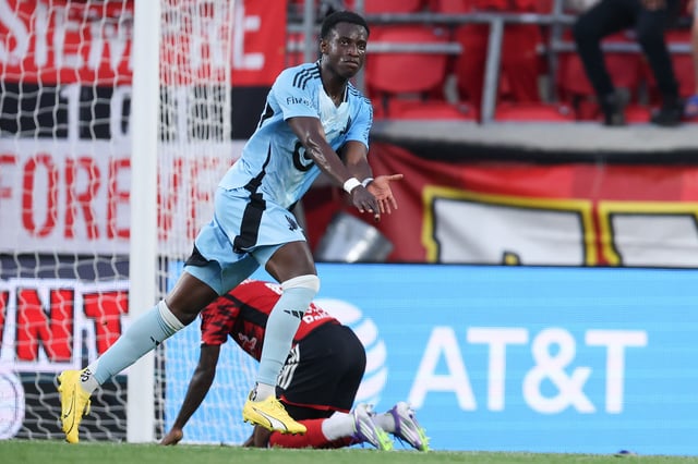 Kelvin Yeboah #9 of Minnesota United celebrates after scoring his team&#39;s first goal of the match in the first half against the New York Red Bulls at Sports Illustrated Stadium on June 28, 2025 in Harrison, New Jersey.
