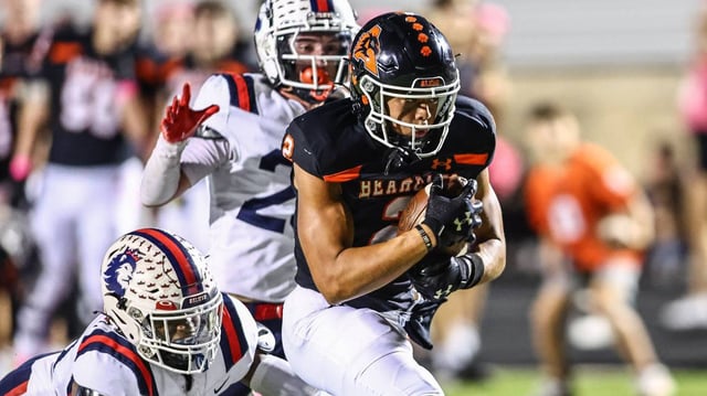 Aledo’s Kaydon Finley Jr. hauls in a 50-yard touchdown catch in the second quarter of the Friday, Oct. 25, game at Tim Buchanan Stadium in Aledo. Special to the Star-Telegram / Tom Marvin