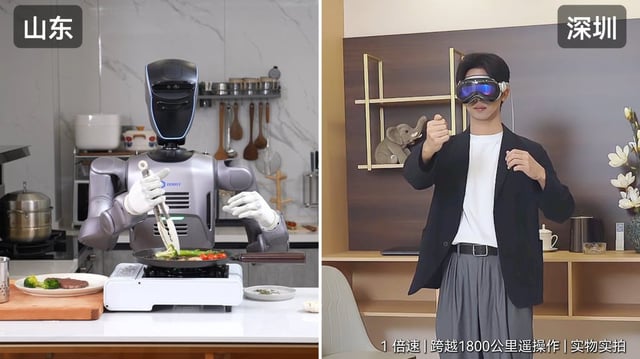 A man wearing a VR headset teleoperates a Shenzhen Dobot robot from 1,800km away. Photo: Handout