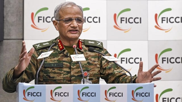 Deputy chief of Army Staff Lt General Rahul R. Singh speaks during a conference-cum-exhibition on 'New Age Military Technologies: Industry Capabilities & Way Forward' organised by FICCI, in New Delhi, on Friday. (PTI)