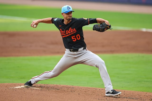 Baltimore Orioles pitcher Charlie Morton delivers in the first inning of a baseball game against the Atlanta Braves, Friday, July 4, 2025, in Atlanta. (AP Photo/Colin Hubbard)