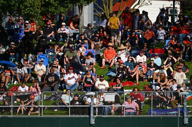 Baseball fans sit in the right field grass area while watching the San Francisco Giants play the Sacramento River Cats during their exhibition game at Sutter Health Park in Sacramento, Calif., on Sunday, March 23, 2025. (Jose Carlos Fajardo/Bay Area News Group)
