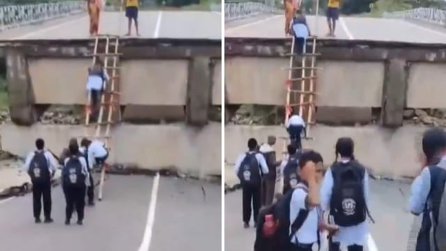 Jharkhand school students accessing a collapsed bridge with a bamboo ladder. 