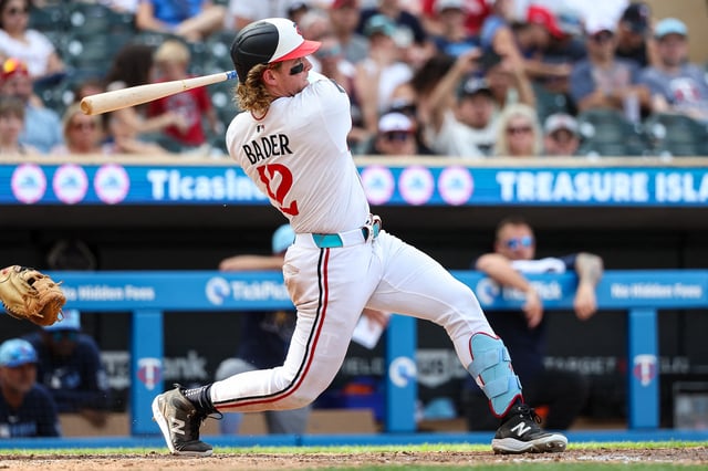 Jul 4, 2025; Minneapolis, Minnesota, USA; Minnesota Twins left fielder Harrison Bader (12) hits a solo walk-off home run against the Tampa Bay Rays during the ninth inning at Target Field. Matt Krohn-Imagn Images