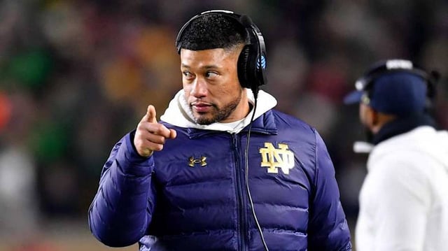 Dec 20, 2024; Notre Dame, Indiana, USA; Notre Dame Fighting Irish head coach Marcus Freeman during the third quarter against the Indiana Hoosiers at Notre Dame Stadium.