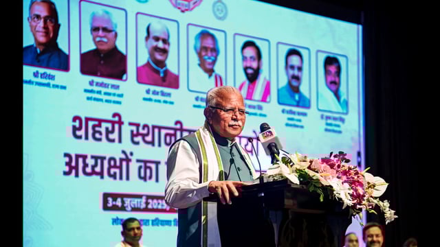 Union Minister Manohar Lal Khattar addresses during the National Level Conference of Chairpersons of Urban Local Bodies of States and Union Territories, at Manesar in Gurugram. (PTI)