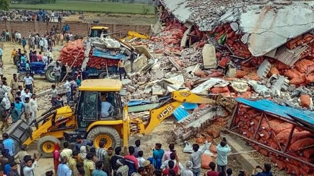 As the SUV struck a wall, the collision was so severe that the inter college building suffered heavy damage, and JCB machines had to be summoned for rescuing the occupants of the SUV. 
