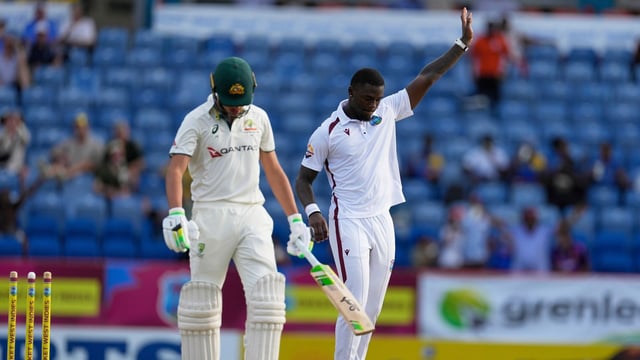 Sam Konstas walks off with his head hanging low after being dismissed for a duck by West Indian fast bowler Jayden Seales.