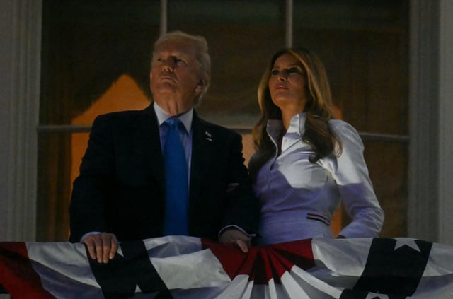 President Donald Trump and First Lady Melania Trump watch the Fourth of July Celebration Fireworks from the White House in Washington, DC on July 4, 2025.