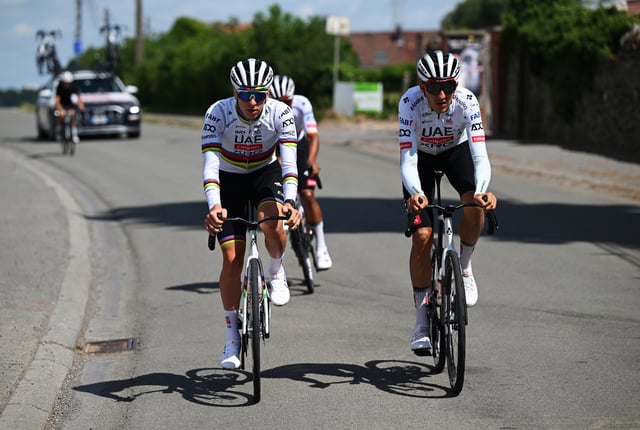 Tadej Pogacar of Slovenia and Marc Soler of Spain and UAE Team Emirates - XRG during the 112th Tour de France 2025, training UAE Team Emirates - XRG / #UCIWT / on July 03, 2025 in Lille, France.
