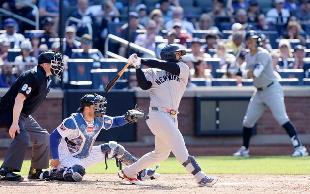 NEW YORK, NEW YORK - JULY 04: Jasson Dominguez #24 of the New York Yankees follows through on his fifth inning two run home run against the New York Mets at Citi Field on July 04, 2025 in New York City. (Photo by Jim McIsaac/Getty Images)