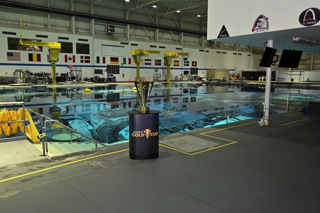 Jul 3, 2025; Houston, Texas, USA; A detail view of the Gold Cup Trophy at NASA Space Center Houston. Mandatory Credit: Maria Lysaker-Imagn Images/File Photo