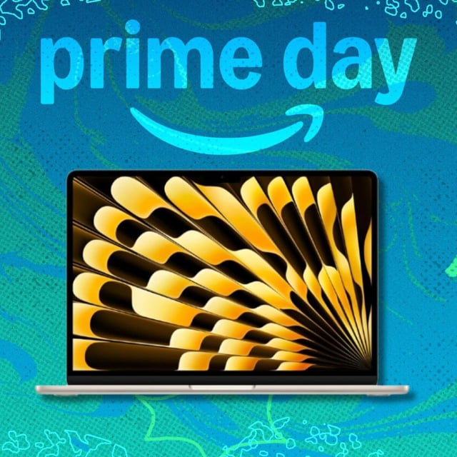 the Apple MacBook Air on a teal and green Prime Day background banner