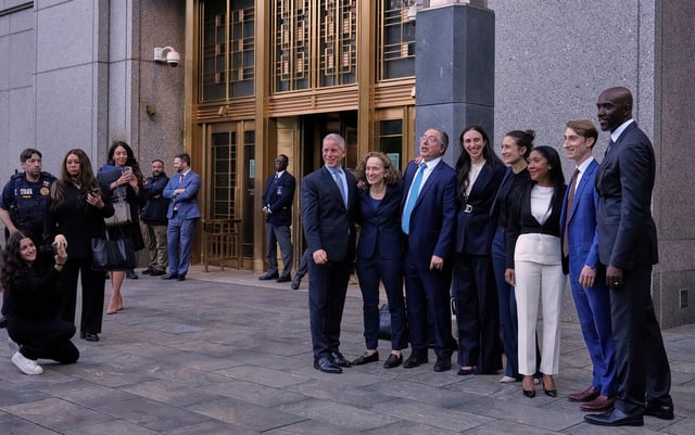 Defense attorneys for Sean "Diddy" Combs, including from left, Brian Steel, Alexandra Shapiro, Marc Agnifilo and Teny Garagos, Anna Estevao, Nicole Westmoreland and Xavier Donaldson after the verdict on Wednesday.