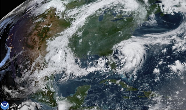 This image provided by NOAA shows Tropical Storm Chantal forming off the coast of the Carolinas on Saturday, July 5, 2025.