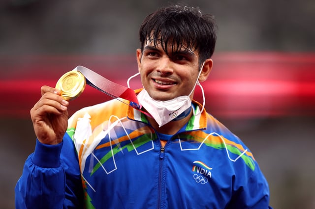 Tokyo 2020 Olympics - Athletics - Men's Javelin Throw - Medal Ceremony - Olympic Stadium, Tokyo, Japan - August 7, 2021. Gold medallist Neeraj Chopra of India reacts on the podium REUTERS/Andrew Boyers/File Photo