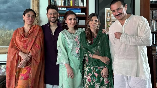 The Pataudi siblings - Saif Ali Khan, Soha Ali Khana, and Saba Ali Khan - along with Kareena Kapoor and Kunal Kemmu pose for a photo. 
