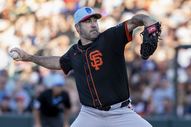 San Francisco Giants pitcher Justin Verlander throws to the Athletics during the first inning of a baseball game Friday, July 4, 2025, in West Sacramento, Calif. (AP Photo/Sara Nevis)