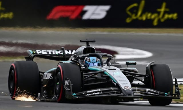 Sparks fly as George Russell takes part in the third practice session ahead of the British Grand Prix at Silverstone